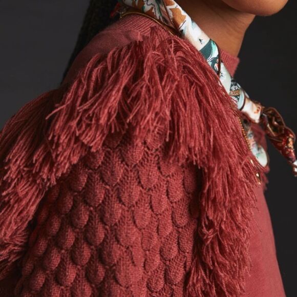 ANTHROPOLOGIE DOLAN Fringed Sweater Cocoa Red Brown Women’s Size Small - Picture 3 of 8